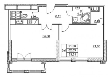 Двухкомнатная квартира (Евро) 63.31 м²
