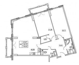 Трёхкомнатная квартира (Евро) 119.43 м²