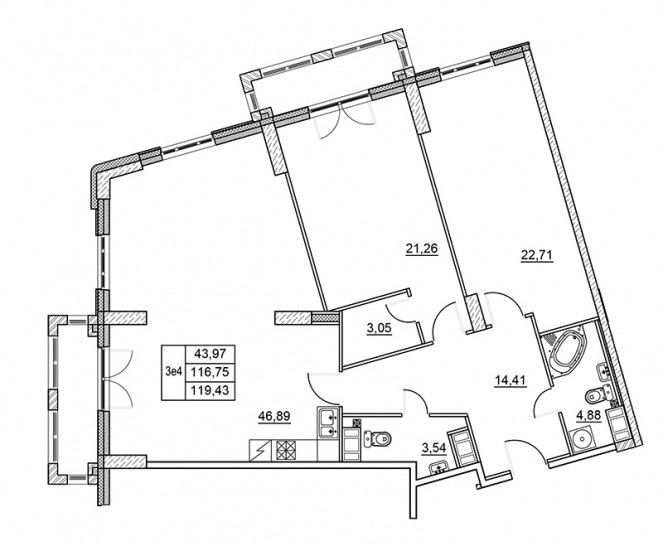 Трёхкомнатная квартира (Евро) 119.43 м²